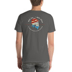 Holding the Line, Skull with wildland helmet , phrase 20 in / 20 out, everyone goes home asphalt grey unisex tee shirt.